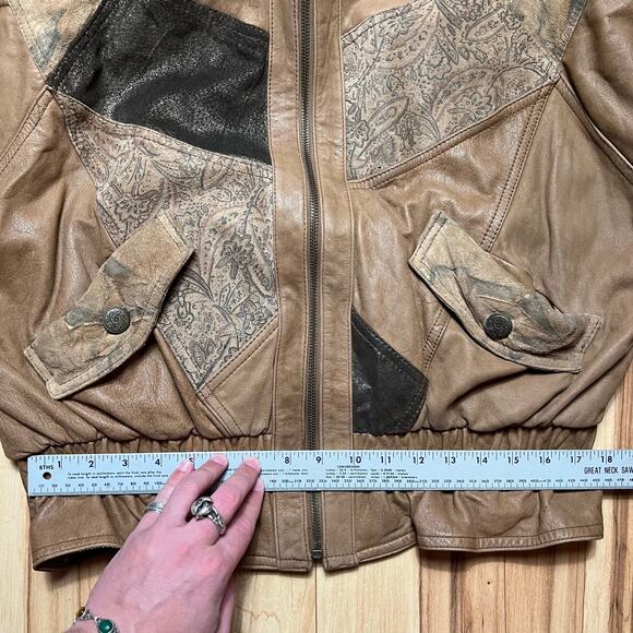 VINTAGE 80s Winlit Patchwork Leather Jacket Size M Western Bomber Jacket Printed - Picture 4 of 8